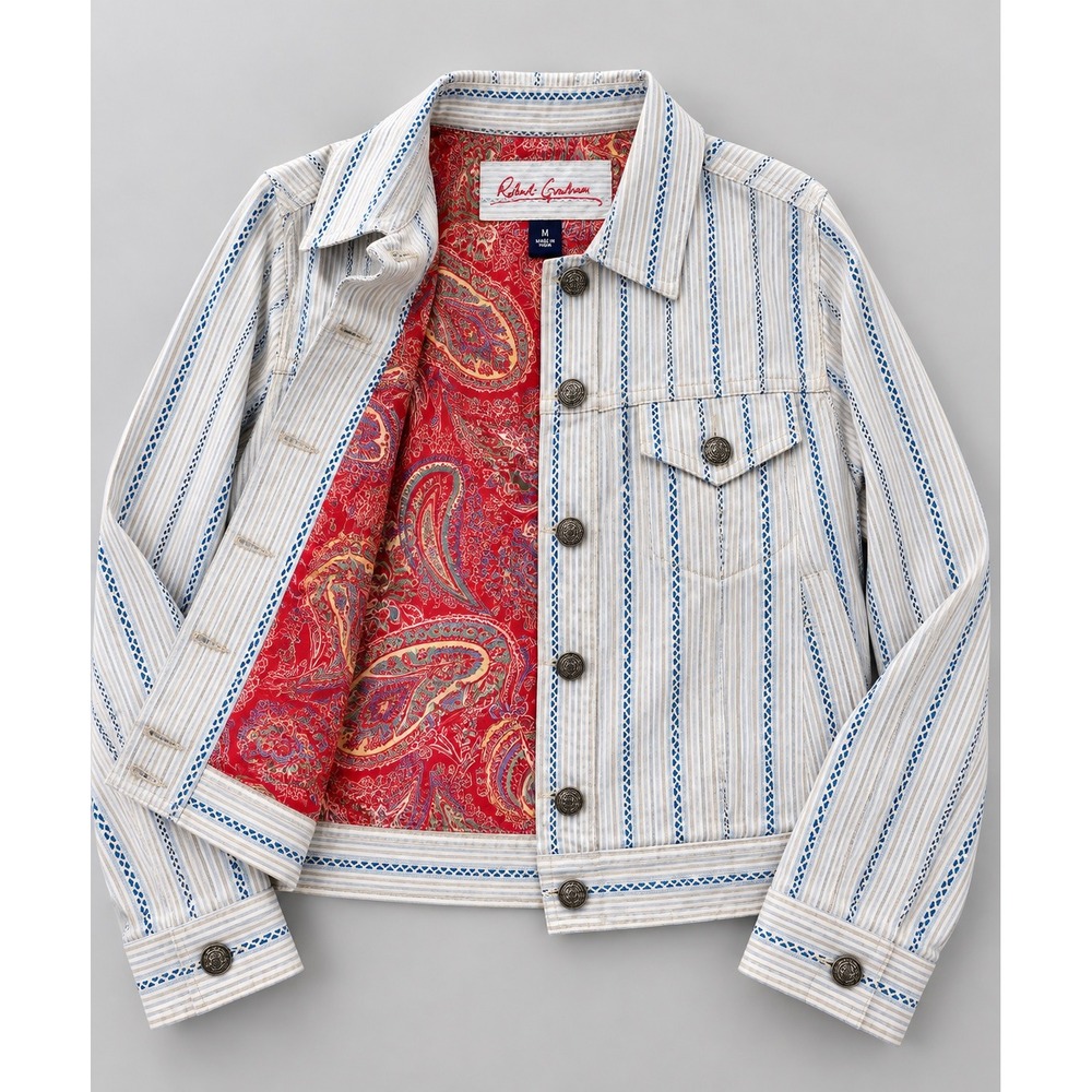 Robert Graham Women's Medium Striped Jacket Pink Paisley Lining Embroidery India